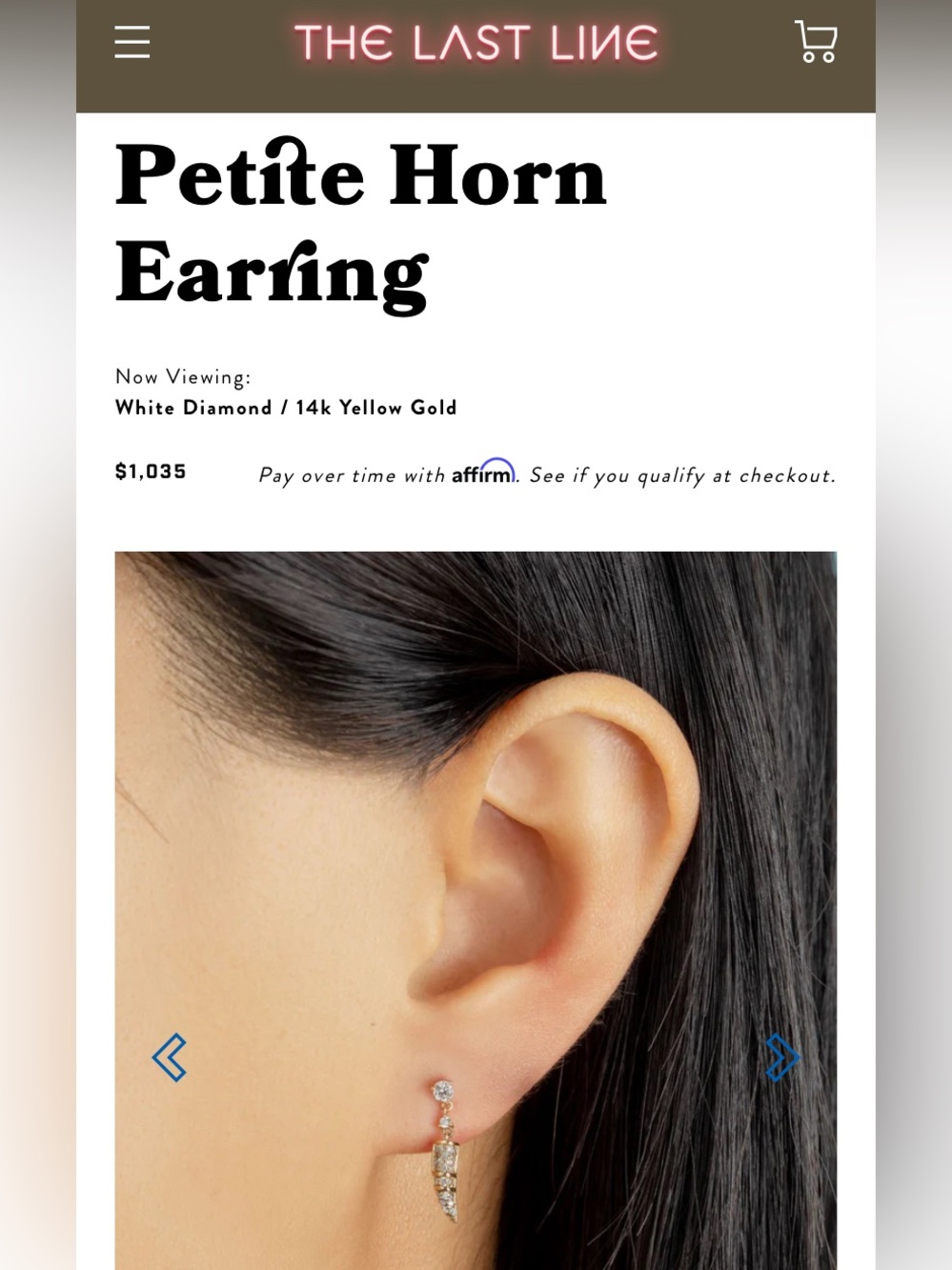 The Last Line Petite Horn Earring - Yellow Gold & White Diamond